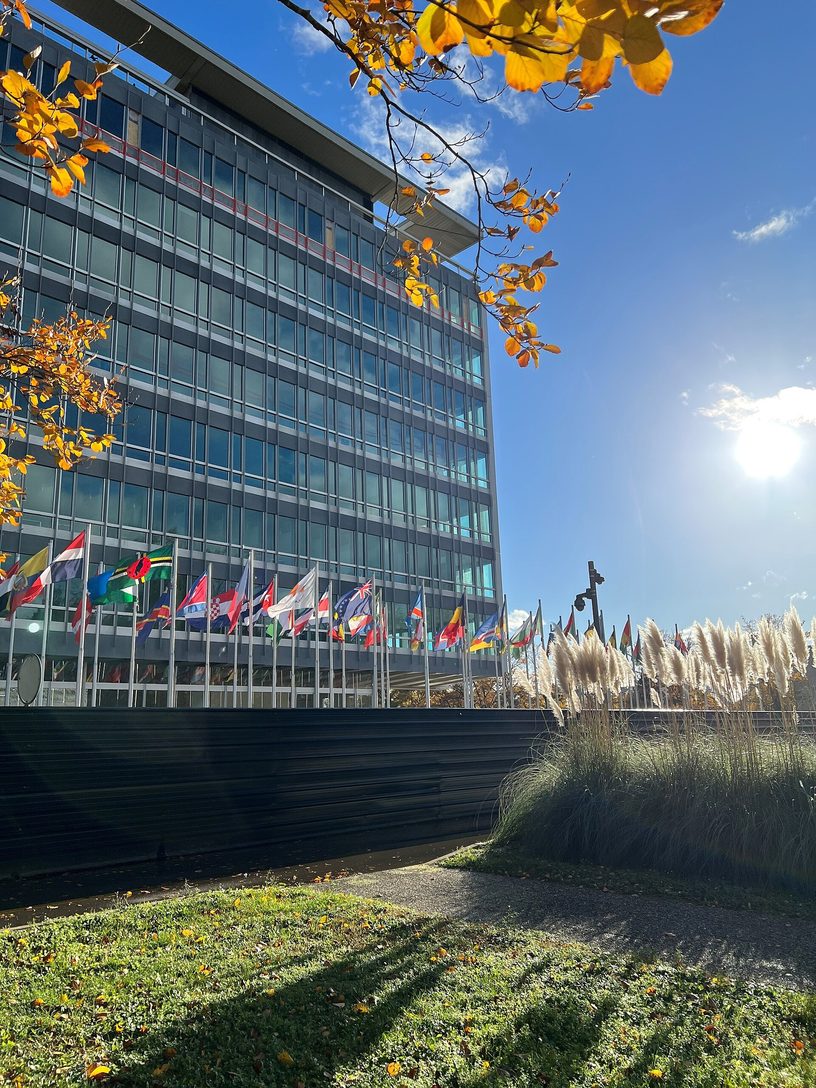 Sede de la Organización Mundial de la Salud en Ginebra, Suiza, con las banderas de los países miembros.