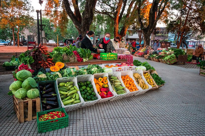Un puesto de verduras y frutas en la feria de la plaza Pueyrredón, en la ciudad de Santa Fe