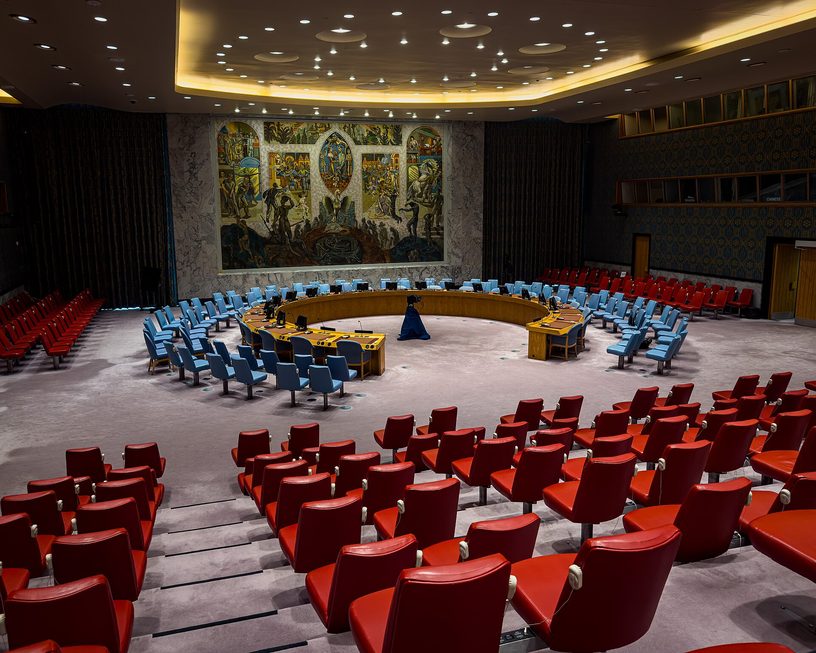 La sala del Consejo de Seguridad, vacía, en la sede de la ONU en Nueva York.